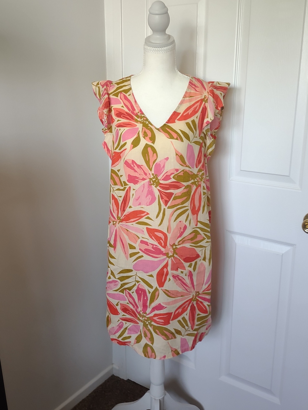 Nichole Miller 100% Linen Floral V-Neck Shift Dress in Pink & Olive